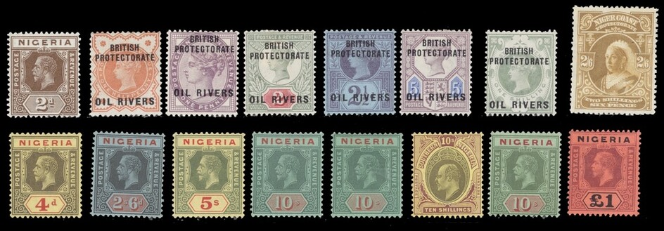 Nigeria Oil Rivers 1892-94 set, 1897-98 2/6d., Southern Nigeria 1904-09 10/