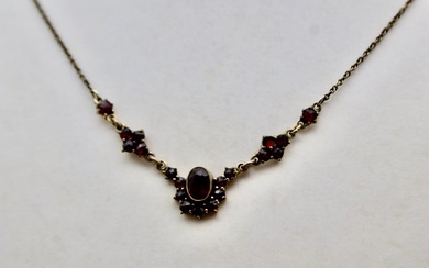 No Reserve Price - ca. 1900 Necklace old cut Bohemian Garnets Necklace - Silver, Yellow gold Garnet