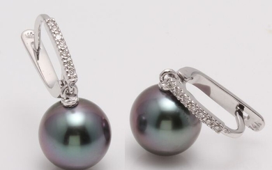 No reserve - 14 kt. White Gold - 9x10mm Round Peacock Tahitian Pearls - Earrings - 0.11 ct