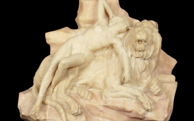 Nude Woman with Lion Carved Marble Sculpture
