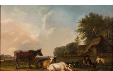 OMMEGANCK, BALTHAZAR PAUL (1755-1826) "Rinder und Schäfer mit seiner Herde an einem Bauernhaus"