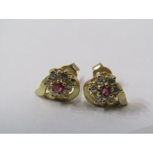 PAIR OF 9ct YELLOW GOLD RUBY & DIAMOND CLUSTER EARRINGS, rub...