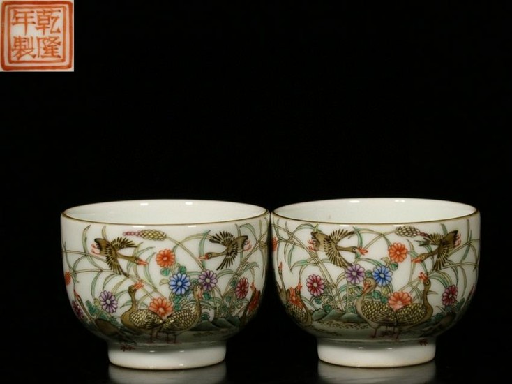 PAIR OF FAMILLE ROSE CUP WITH FLOWERS&BIRDS PATTERN