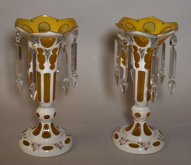 Pair of glass overlay jars with pendants. Height 29 cm...