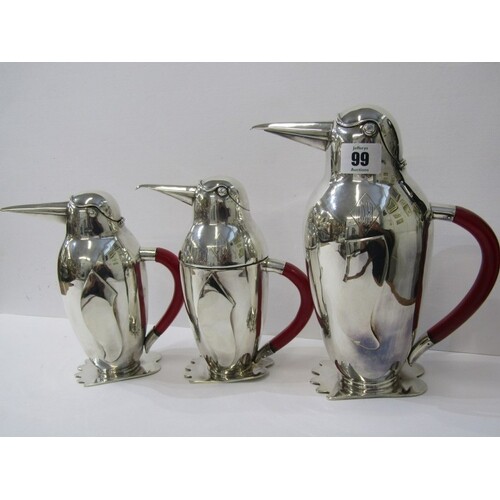 PENGUIN COCKTAIL SHAKERS, an amusing family of 3 silver plat...