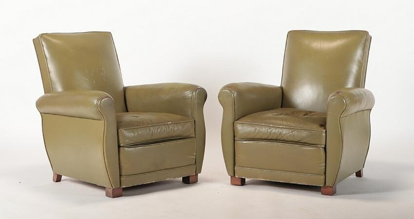 PR FRENCH GREEN LEATHER CLUB CHAIRS 1940