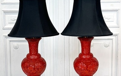 Pair Chinese Red Lacquer Vase Lamps