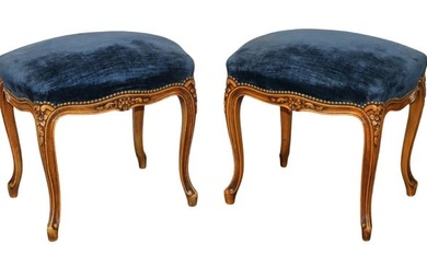 Pair French Louis XV style foot stools in carved walnut
