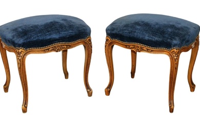 Pair French Louis XV style foot stools in carved walnut