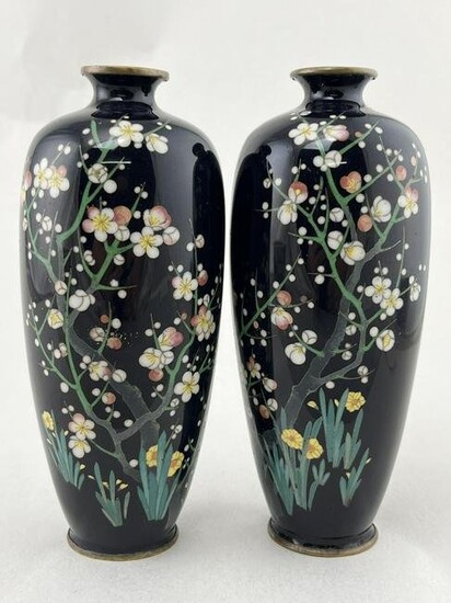 Signed Pair Japanese Cloisonne Floral Vases Hallmarked