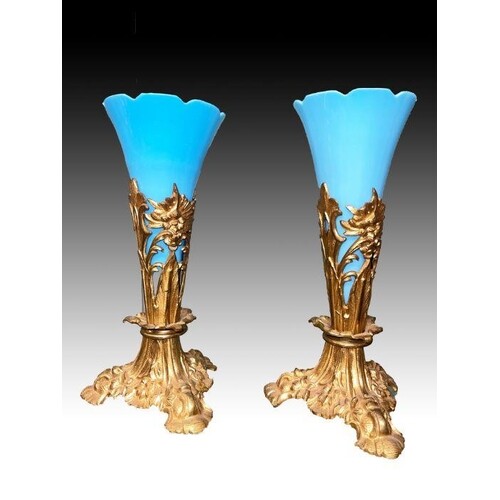 Pair Of Opaline Epergne Vases On Bronze Mounts, France 19th ...