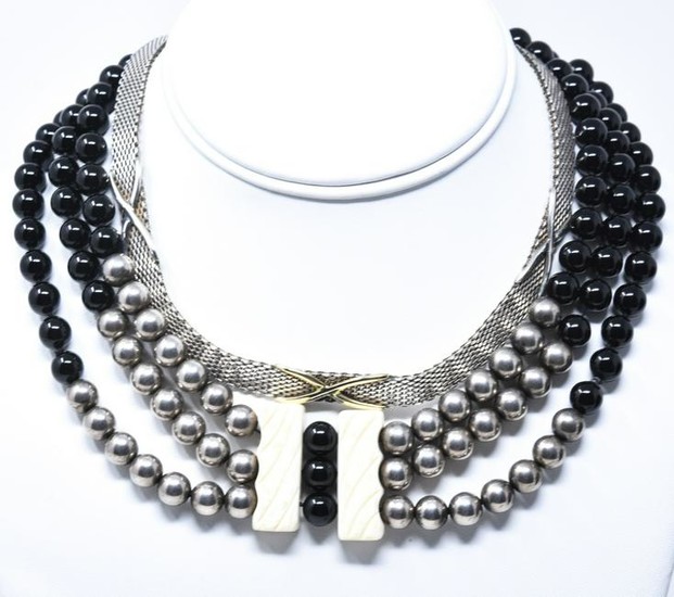 Pair Silver Tone Beaded & Mesh Necklaces