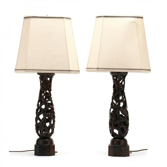 Pair of Balinese Figural Carved Rosewood Lamps