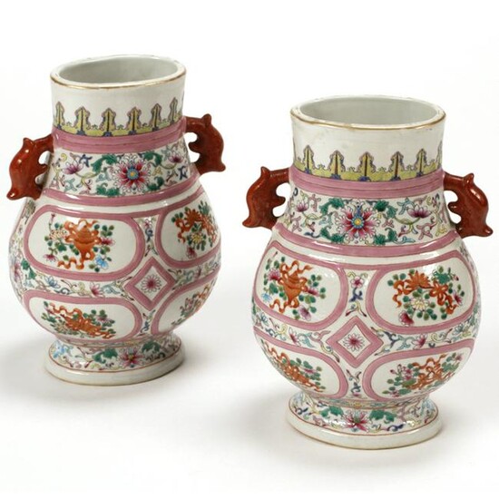 Pair of Chinese Famille Rose Porcelain Oval Vases.
