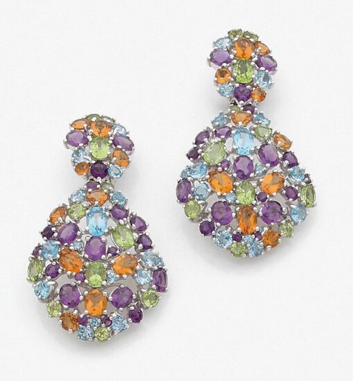 Pair of EAR HANGERS in openwork white gold (750‰), set with amethysts, peridots, topaz and citrines.