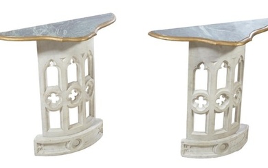 Pair of Gothic Style Marble Console Tables, 20th c., H.- 32 in., W.- 33 in., D.- 13 1/2 in. (2 Pcs.)