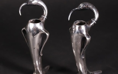 Pair of Weidlich Brothers Art Deco Silver Plated Tropical Bird Bud Vases, circa 1930