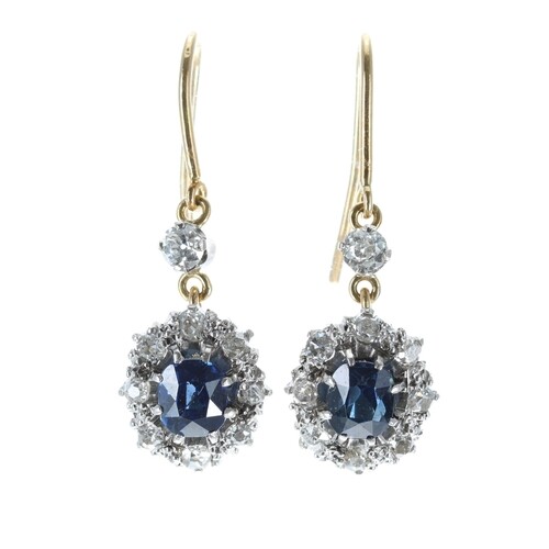 Pair of attractive sapphire and diamond drop earrings, each ...