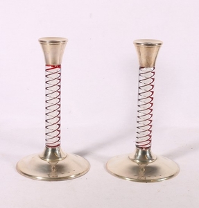 Pair of contemporary glass candlesticks with red spiral and ...