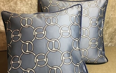 Pair of cushions made with Hermès fabric “Fil d'argent” blue colour (2)