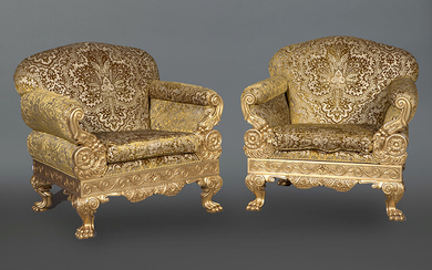 Pair of large Empire style armchairs in carved and gilded wood with plant decoration in relief. Legs finished in claws and damask upholstery. Measurements: 105x90x105 cm. Price: 2000 euros. (332.772 Ptas.)