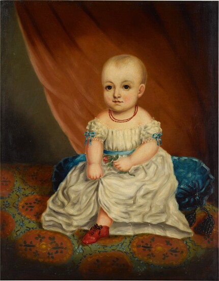 Portrait of a Girl in White and Blue, Seated on a Blue Cushion, American School, 19th Century