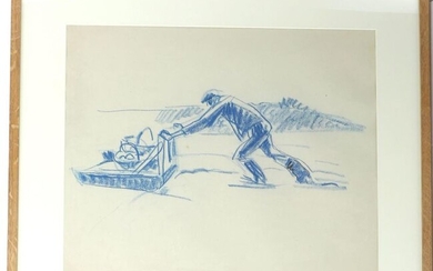 René-Yves CRESTON (1898-1964) "Character on a sled", drawing in blue grease pencil, unsigned, 40 x 49 cm