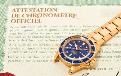 Rolex, Submariner, Réf.1680, n° 282xxxx, Attestation de chronomètre officiel percée, vers 1971. Une rare et...
