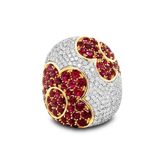 Ruby and Diamond Floral Dome Ring White Gold