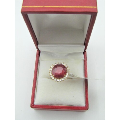 Ruby and Diamond Ladies Centre Stone Cluster Ring Mounted on...