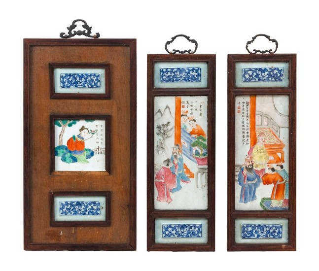 SET OF THREE CHINESE TILE PAINTINGS A pair depicting court scenes, framed together with flanking blue and white floral panels, and o...