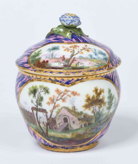 SEVRES. Pot à sucre Bouret couvert en porcelaine tendre à décor polychrome de paysages animés...