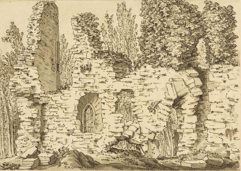 Samuel Hieronymus Grimm, Swiss 1733-1794- Ruins of Verdley Castle, Sussex; pen and black ink, and grey wash on paper, signed 'S. H. Grimm fecit' (lower edge), 11.4x 16 cm, (unframed). Provenance: Private Collection, UK. Note: This sketch was used...