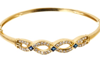 Sapphire and diamond hinged bangle with a platted design of single cut diamonds and three blue sapphires in 18ct gold setting