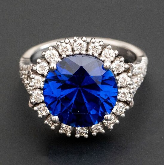 Sapphire diamond ring - 14 kt. White gold - Ring - 9.00 ct Sapphire - 1.03 ct Diamonds D VVS