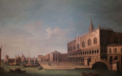 Scuola Italiana (Copia da Canaletto) - XX secolo - La riva degli Schiavoni con Palazzo Ducale, il Canal Grande con la Chiesa della Salute