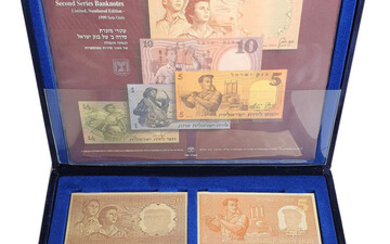 Set 5 Gold Plated Silver replicas of bills Bank Israel Second Edition 1958, SN 590, Israeli Government Coins and Medals Corporation, Amazing
