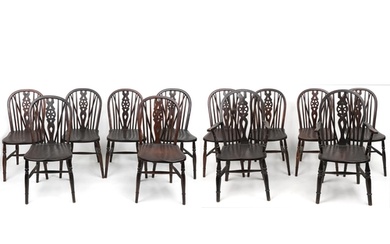 Set of eight antique oak wheel back dining chairs together w...