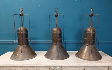 Set of three brass hanging lamps {70 cm H x 37 cm Dia.}.
