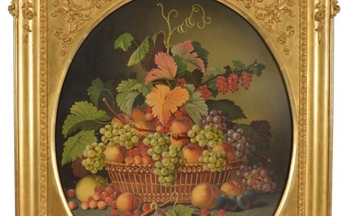 Severin Roesen school oval still life painting. Basket of fruit on a tabletop. Unsigned. Possibly by