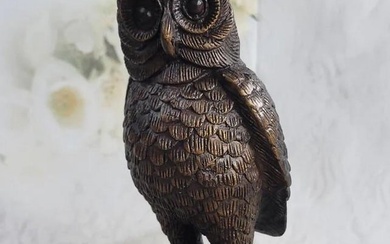 Signed Original Art: Bronze Owl Bird Statue Sculpture on Marble Base