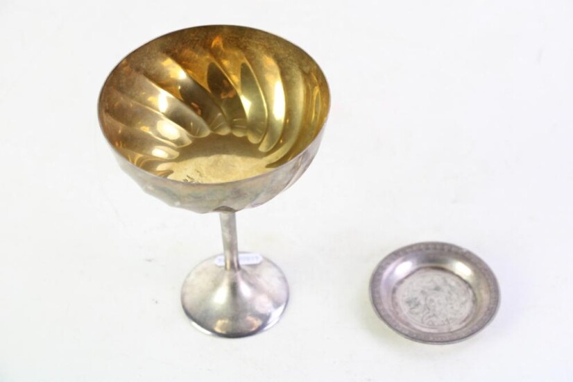 Small Egyptian Silver Dish Dia 7cm Together With A Silver-Plated Goblet Marked Martin H: 15cm