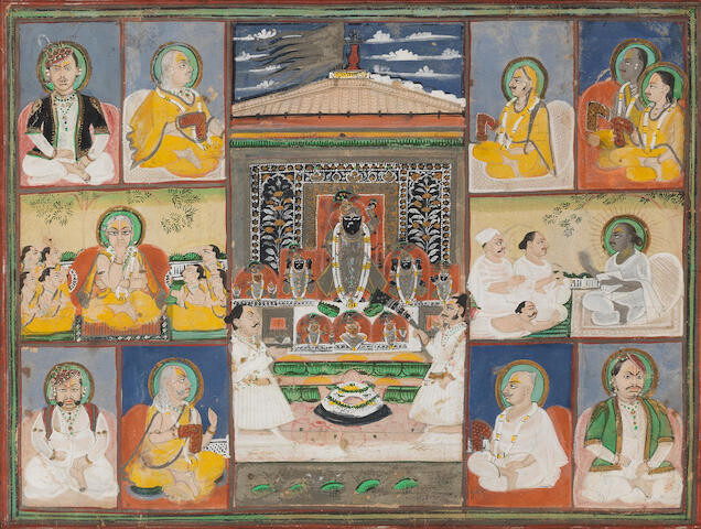 Sri Nath-Ji in a temple pavilion, surrounded by images of priests and aristocratic devotees, Nathdwara, Kotah, late 19th Century