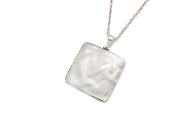 Sterling Silver handmade square with Mother of Pearl inlay. Solid Silver 925 chain and parrot clasp. Pendant:5cm x 5cm Chain L: 50cm. W: 17.15gm