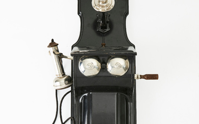TELEPHONE, wall model, railway telephone, AB L.M. Ericsson & Co. Stockholm, type AB 2100-2120, seen in the 1911 product catalogue, black lacquered iron sheet, with fixed microphone and headphone RD 600.