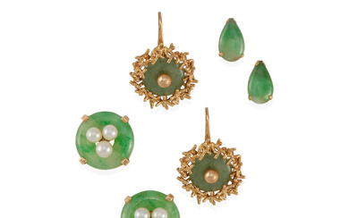 THREE PAIRS OF GOLD AND JADE EARRINGS