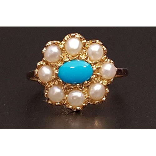 TURQUOISE AND PEARL CLUSTER RING the central oval cabochon t...