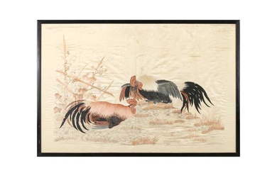 TWO CHINESE SILK EMBROIDERED 'CHICKENS' PANELS 十九至二十世紀 緞繡雞紋掛幅兩件