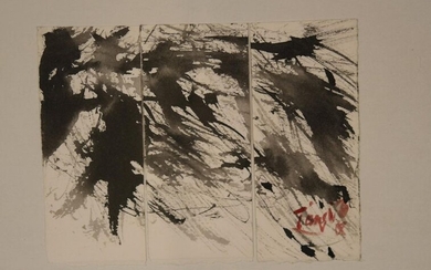 T'ang Haywen (1927-1991) Triptych in ink on paper 12.5 x 16 cm at sight. Framed under glass: 20,5x30,5 cm