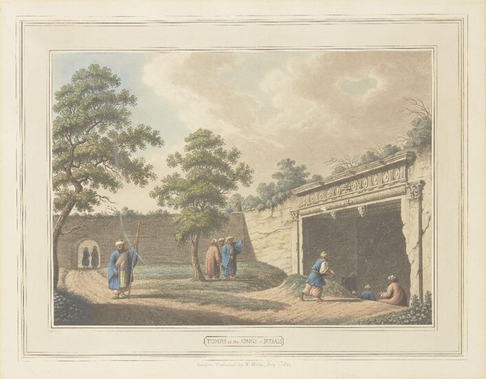 The Tombs of the Kings of Judah after Luigi Mayer, published by W. Watts, London, 1804, hand-coloured engraving, mounted, glazed and framed, print 33 x 41cm. Luigi Mayer (1755–1803) was an Italian-German artist and one of the earliest and most...